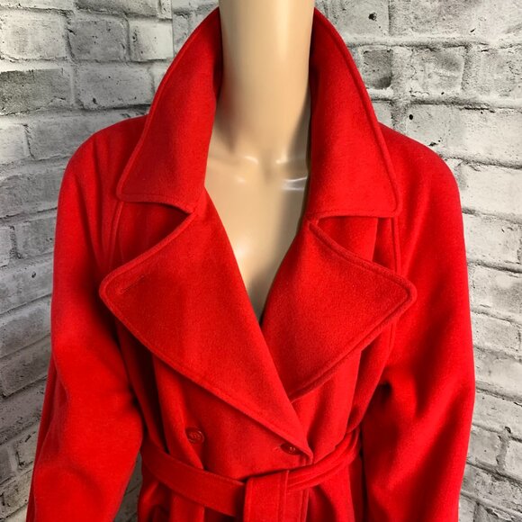 Vintage 90s Red Wool Cashmere Long Overcoat Double Breasted Belted Trench Coat - Picture 2 of 16